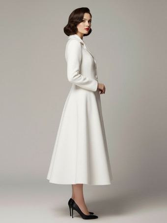 ヴィンテージ クラシック ラペル Aライン ウール フレアコート（ホワイト、レディース）2025