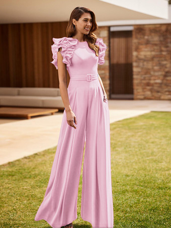 ホットピンク花嫁の母親のためのパーティードレス ジュエルネック ノースリーブ ジャンプスーツ フリル ウェディングゲストドレス