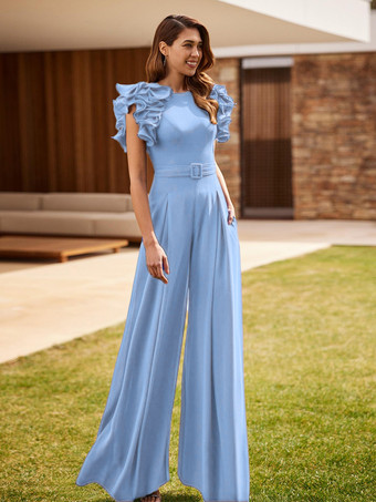 スカイブルー 花嫁の母親のためのパーティードレス ジュエルネック ノースリーブ ジャンプスーツ フリル ウェディングゲストドレス