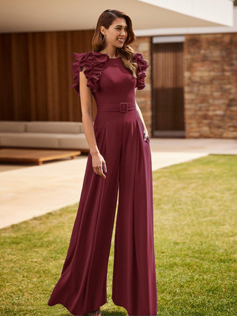 バーガンディー花嫁の母親のためのパーティードレス ジュエルネック ノースリーブ ジャンプスーツ フリル ウェディングゲストドレス