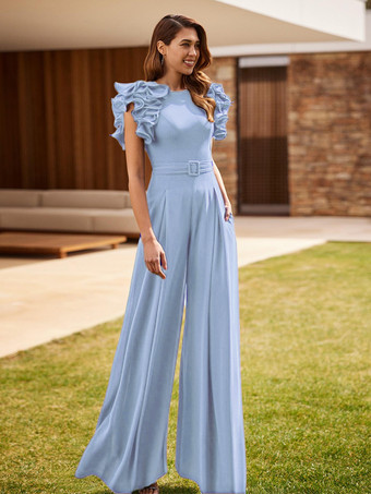 ベビーブルー花嫁の母親のためのパーティードレス ジュエルネック ノースリーブ ジャンプスーツ フリル ウェディングゲストドレス