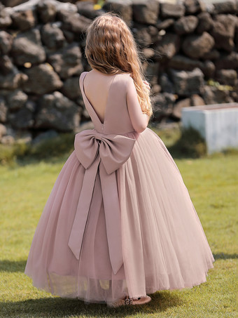 ピンクフラワーガールドレス シャンパンサテン生地 ノースリーブ ジュエルネック フラワーガールドレス