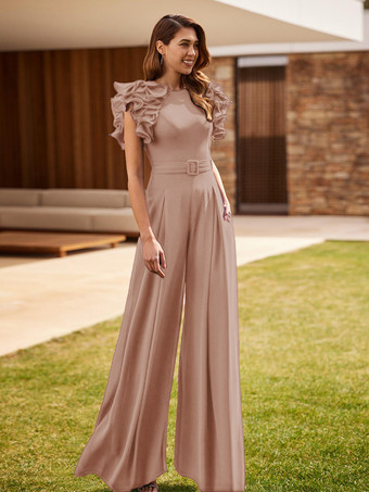 ダークピンク花嫁の母親のためのパーティードレス ジュエルネック ノースリーブ ジャンプスーツ フリル ウェディングゲストドレス