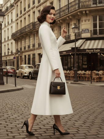 ヴィンテージ スタンドカラー Aライン ウール フレアコート（ホワイト、レディース）2025