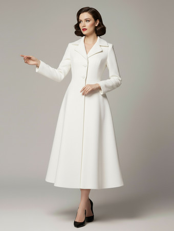 ヴィンテージ クラシック ラペル Aライン ウール フレアコート（ホワイト、レディース）2025