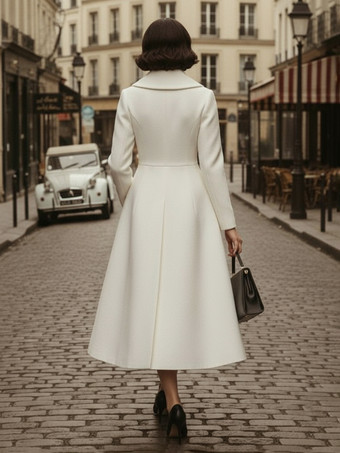 ヴィンテージ ユニーク ラペル Aライン ウール フレアコート（ホワイト、レディース）2025