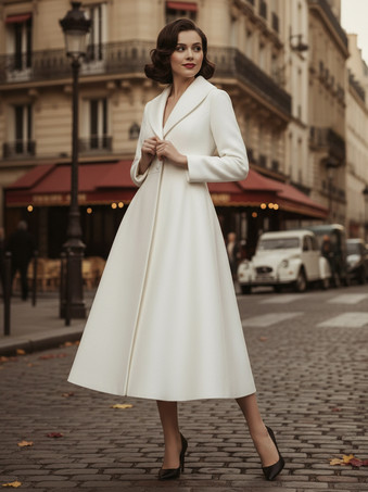 ヴィンテージ ユニーク ラペル Aライン ウール フレアコート（ホワイト、レディース）2025