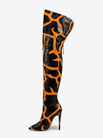 オレンジ オーバーニーブーツ ポインテッドトゥ プリントハイヒール サイハイブーツ
