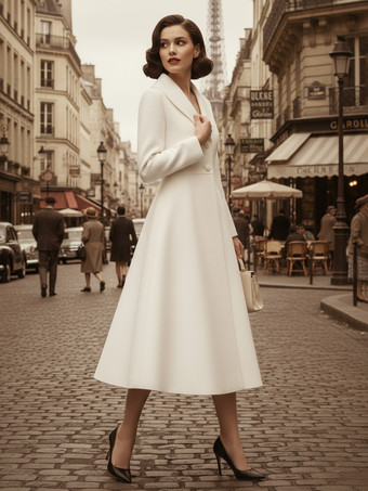 ヴィンテージ ユニーク ラペル Aライン ウール フレアコート（ホワイト、レディース）2025