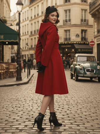 ヴィンテージ フード付き Aライン ダブルブレスト ウール ミディコート レディース 2025