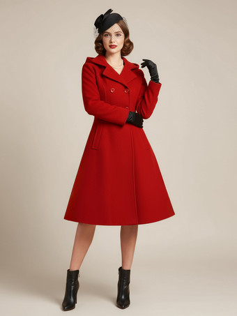 ヴィンテージ フード付き Aライン ダブルブレスト ウール ミディコート レディース 2025