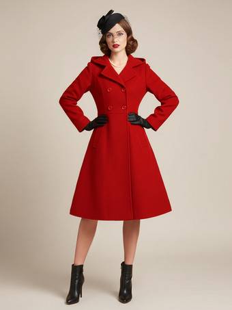 レッド ヴィンテージ フード付き Aライン ダブルブレスト ウール ミディコート レディース 2025