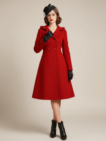 ヴィンテージ フード付き Aライン ダブルブレスト ウール ミディコート レディース 2025