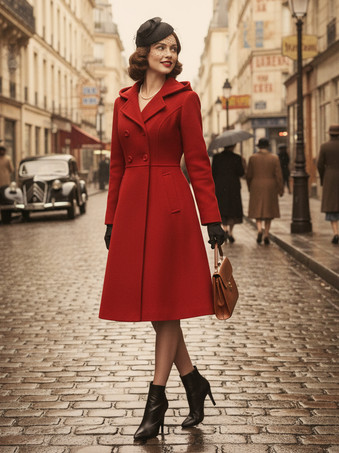 ヴィンテージ フード付き Aライン ダブルブレスト ウール ミディコート レディース 2025