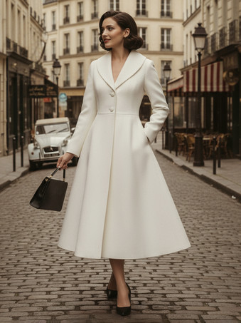 ヴィンテージ ユニーク ラペル Aライン ウール フレアコート（ホワイト、レディース）2025