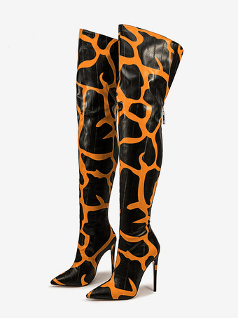 オーバーニーブーツ ポインテッドトゥ プリントハイヒール サイハイブーツ