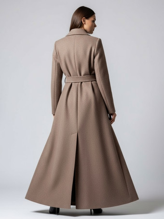 ベルト付きフルレングスマキシウールコート（ラペルと大きなポケット付き、レディース向け）2025年モデル