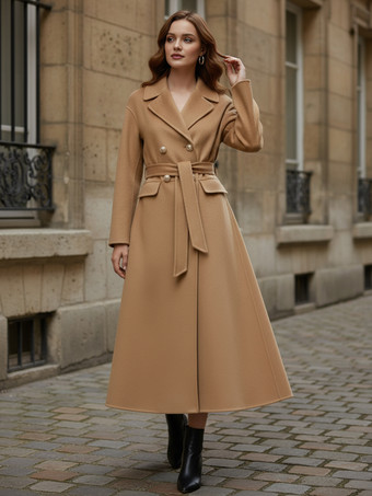 ウールカシミア混紡ヴィンテージAラインコート（クラシックラペル＆ベルト付き、レディース2025年モデル）