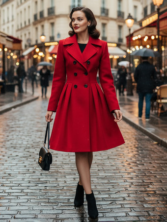 レトロレッド 1950年代風 ダブルブレスト Aライン ウールコート レディース 2025