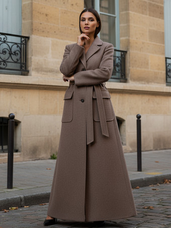 ベルト付きフルレングスマキシウールコート（ラペルと大きなポケット付き、レディース向け）2025年モデル