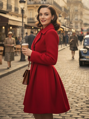 レトロレッド 1950年代風 ダブルブレスト Aライン ウールコート レディース 2025