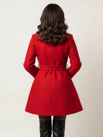 2025年レディース向けベルト付きレッドウールブレンドフレアコート