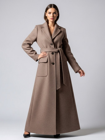 カーキ ベルト付きフルレングスマキシウールコート（ラペルと大きなポケット付き、レディース向け）2025年モデル