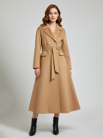 カーキ ウールカシミア混紡ヴィンテージAラインコート（クラシックラペル＆ベルト付き、レディース2025年モデル）