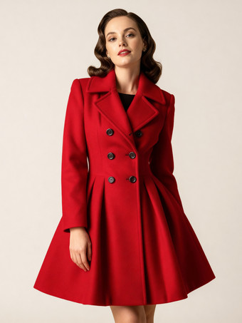 レトロレッド 1950年代風 ダブルブレスト Aライン ウールコート レディース 2025