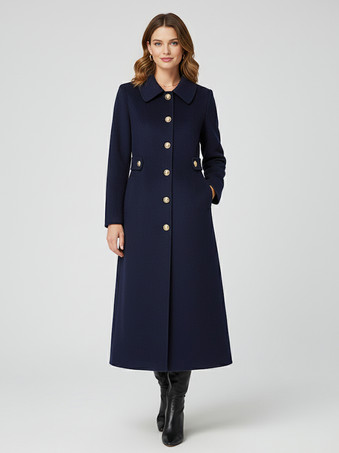 ダークネイビーヴィンテージウールカシミア混紡コート（ゴールドボタン付き、レディース向け）2025年モデル