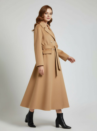 ウールカシミア混紡ヴィンテージAラインコート（クラシックラペル＆ベルト付き、レディース2025年モデル）