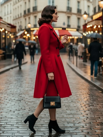 レトロレッド 1950年代風 ダブルブレスト Aライン ウールコート レディース 2025