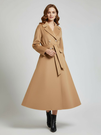 ウールカシミア混紡ヴィンテージAラインコート（クラシックラペル＆ベルト付き、レディース2025年モデル）