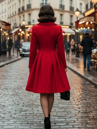 レトロレッド 1950年代風 ダブルブレスト Aライン ウールコート レディース 2025