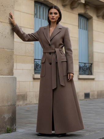 ベルト付きフルレングスマキシウールコート（ラペルと大きなポケット付き、レディース向け）2025年モデル