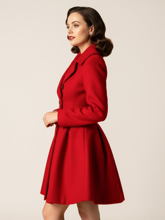 レトロレッド 1950年代風 ダブルブレスト Aライン ウールコート レディース 2025