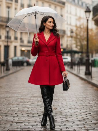 2025年レディース向けベルト付きレッドウールブレンドフレアコート