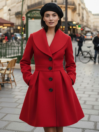 ウール混紡Aラインコート（ショールカラー、ブラックボタン付き、レディース）2025年モデル