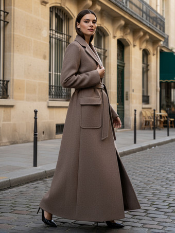 ベルト付きフルレングスマキシウールコート（ラペルと大きなポケット付き、レディース向け）2025年モデル