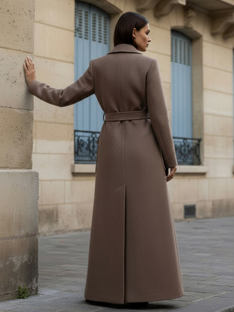 ベルト付きフルレングスマキシウールコート（ラペルと大きなポケット付き、レディース向け）2025年モデル