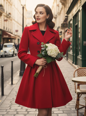 レトロレッド 1950年代風 ダブルブレスト Aライン ウールコート レディース 2025