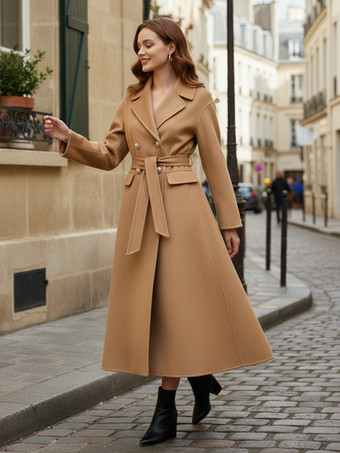 ウールカシミア混紡ヴィンテージAラインコート（クラシックラペル＆ベルト付き、レディース2025年モデル）
