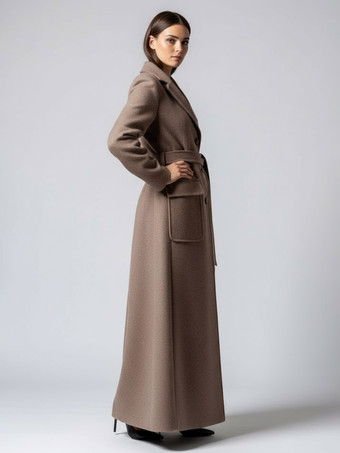 ベルト付きフルレングスマキシウールコート（ラペルと大きなポケット付き、レディース向け）2025年モデル