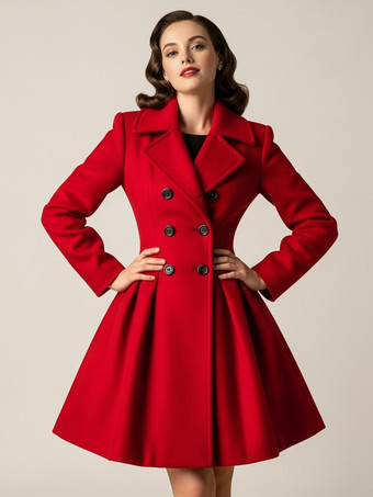 レッド レトロレッド 1950年代風 ダブルブレスト Aライン ウールコート レディース 2025