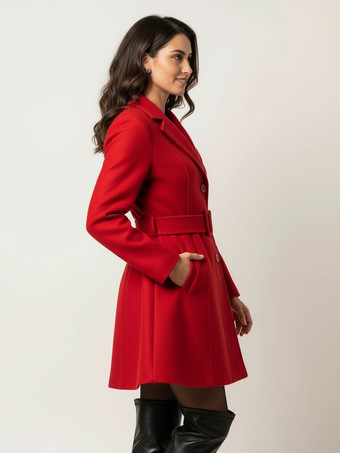 2025年レディース向けベルト付きレッドウールブレンドフレアコート