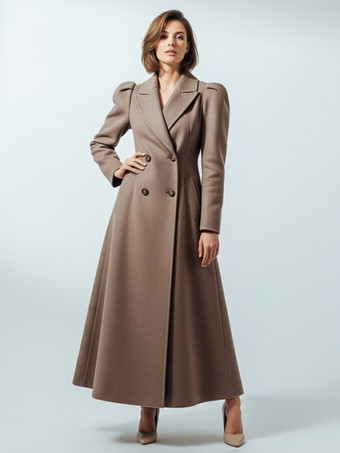 Manteau long en laine coupe trapèze croisé et manches bouffantes pour femme (2025)
