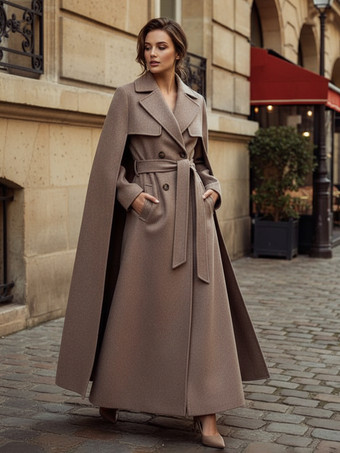 取り外し可能なケープとベルト付きマキシダブルブレストウールコート（レディース 2025）