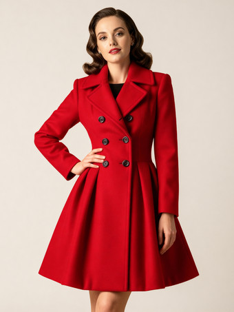 レトロレッド 1950年代風 ダブルブレスト Aライン ウールコート レディース 2025