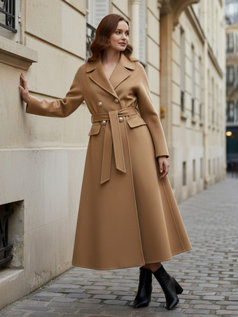 ウールカシミア混紡ヴィンテージAラインコート（クラシックラペル＆ベルト付き、レディース2025年モデル）
