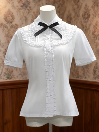 【新作】ロリィタブラウス　ホワイト　ピュアコットン　お茶会　カラーブロック　半袖　折り襟　ロココ調